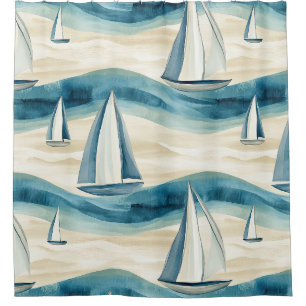 Modern Blue Sailboat Ocean Wave Pattern Shower Curtain