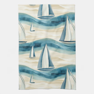 Modern Blue Sailboat Ocean Wave Pattern Tea Towel
