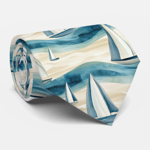 Modern Blue Sailboat Ocean Wave Pattern Tie