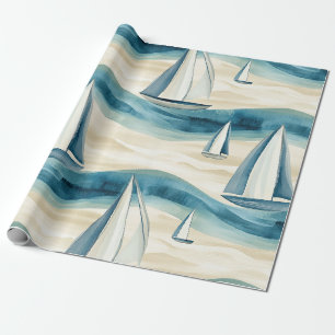 Modern Blue Sailboat Ocean Wave Pattern Wrapping Paper