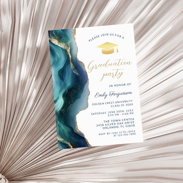 Modern Blue Sapphire Marble Graduation Party Invitation (Modern Blue Sapphire Agate Graduation Party Invitation)