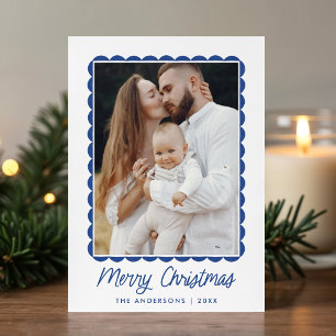 Modern Blue Scalloped Frame 2 Photo Holiday Card