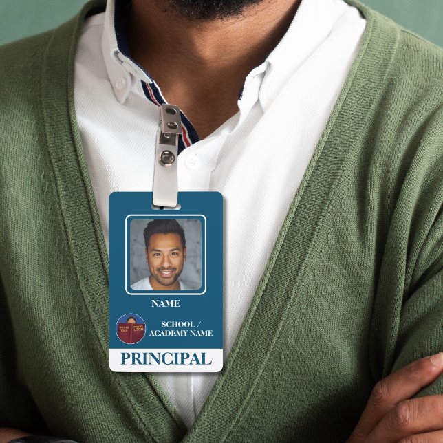 Modern Blue School Logo Principal ID Badge (Creator Uploaded)