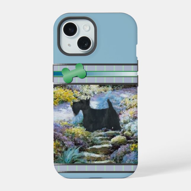 Modern Blue Scottish Terrier Dog Art iPhone 15 Case (Back)