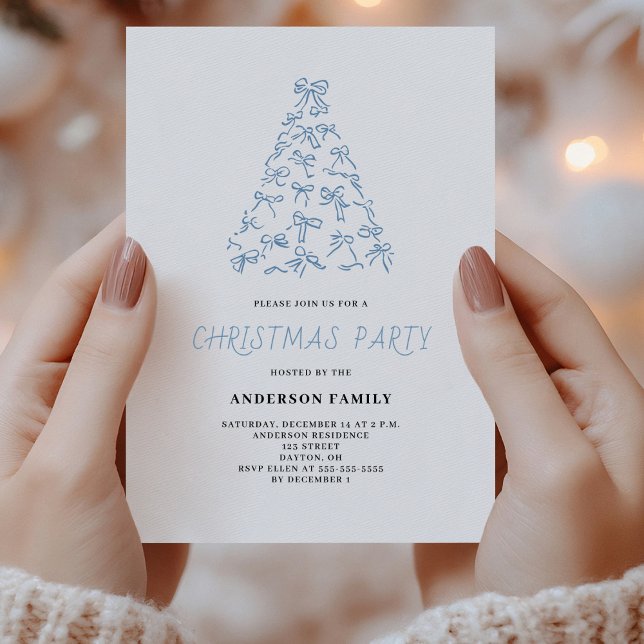 Modern Blue Scribble Bow Christmas Party Invitation (Creator Uploaded)
