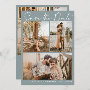 Modern blue script 6 photo wedding save the date