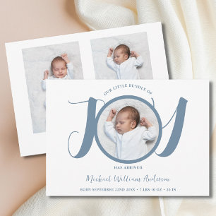 Modern Blue Script Baby Boy Three Photo Birth Announcement