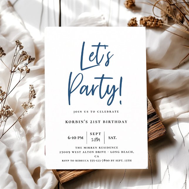 Modern Blue Script Birthday Let's Party Invitation (Creator Uploaded)