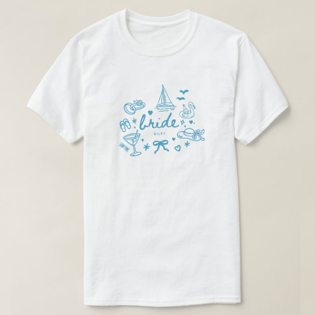 Modern Blue Script Lake Wedding Bride Name Custom T-Shirt (Design Front)