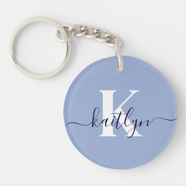 Modern Blue Script Monogram Key Ring (Front)