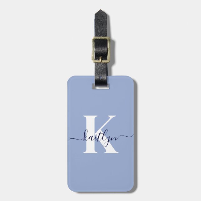 Modern Blue Script Monogram Luggage Tag (Front Vertical)