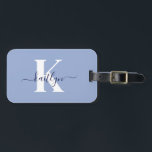 Modern Blue Script Monogram Luggage Tag<br><div class="desc">This simple, elegant light blue luggage tag with your first name in a trendy script font in navy blue typed over your first initial in a modern cap font in white on one side and a slide in card for your name, address and phone number on the other would look...</div>