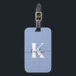 Modern Blue Script Monogram Luggage Tag<br><div class="desc">This simple, elegant light blue luggage tag with your first name in a trendy script font in navy blue typed over your first initial in a modern cap font in white on one side and a slide in card for your name, address and phone number on the other would look...</div>
