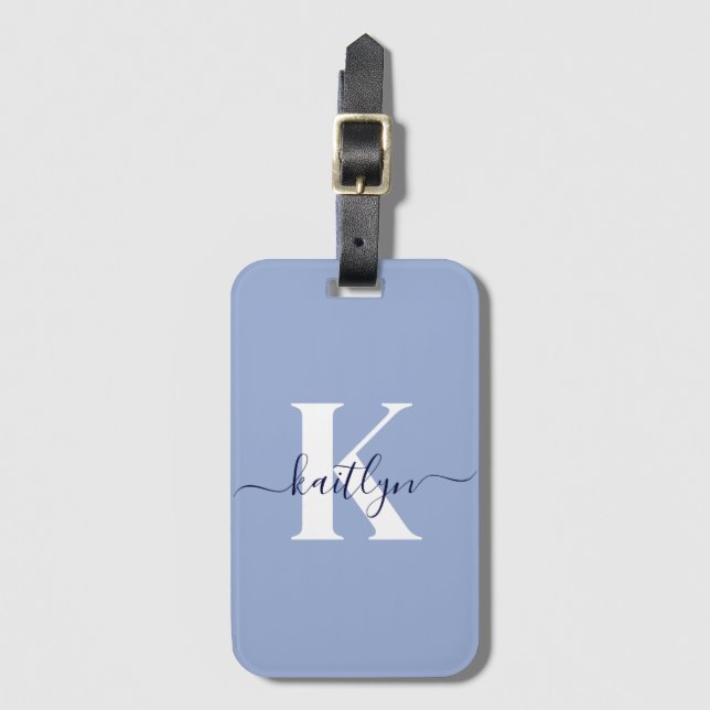 Modern Blue Script Monogram Luggage Tag (Front Vertical)
