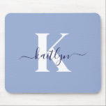 Modern Blue Script Monogram Mouse Pad<br><div class="desc">This simple,  elegant light blue mousepad with your first name in a trendy script font in navy blue typed over your first initial in a modern cap font in white is perfect for your office/desk.  It's stylish and trendy and yet very classic.</div>