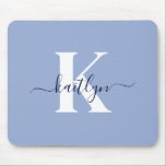 Modern Blue Script Monogram Mouse Pad<br><div class="desc">This simple,  elegant light blue mousepad with your first name in a trendy script font in navy blue typed over your first initial in a modern cap font in white is perfect for your office/desk.  It's stylish and trendy and yet very classic.</div>