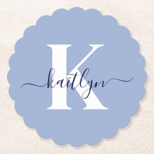 Modern Blue Script Monogram Paper Coaster