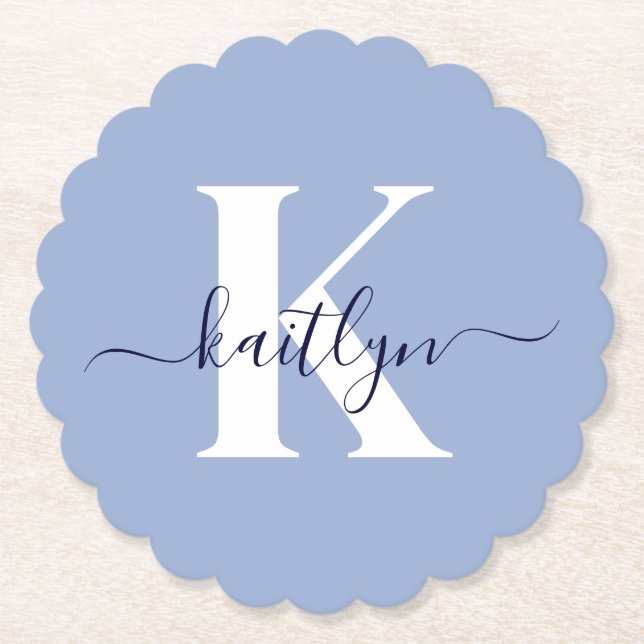 Modern Blue Script Monogram Paper Coaster (Front)