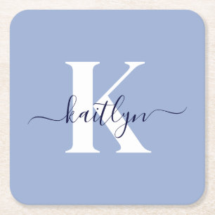 Modern Blue Script Monogram Square Paper Coaster
