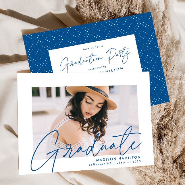 Modern Blue Script Photo Graduation Party Invitation (Creator Uploaded)
