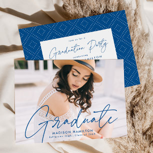 Modern Blue Script Photo Graduation Party Invitation