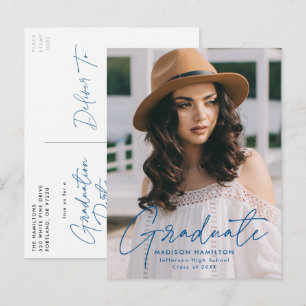 Modern Blue Script Photo Graduation Party Invitation Postcard