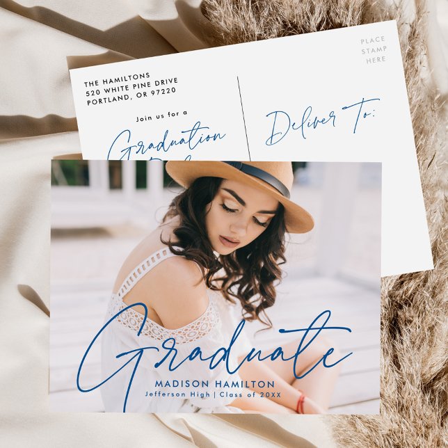 Modern Blue Script Photo Graduation Party Invitation Postcard (Creator Uploaded)
