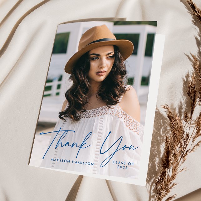 Modern Blue Script Photo Graduation Thank You Card (Creator Uploaded)