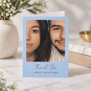 Modern Blue Script Photo Wedding Folded Blank Thank You Card