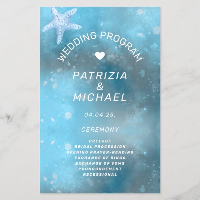 Modern Blue Sea Summer Wedding  Program Flyer (Front)