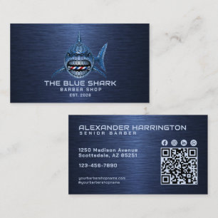 Modern Blue Shark Barber Shop Qr Code Social Icon Business Card