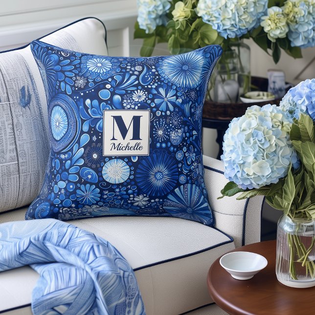 Modern Blue Shibori Monogram Accent Pillow (Creator Uploaded)
