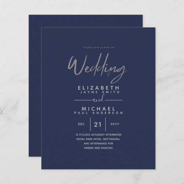 Modern Blue Silver Budget Wedding Invites (Front/Back)