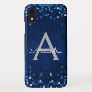Modern Blue Silver Glitter Confetti Monogram Case-Mate iPhone Case