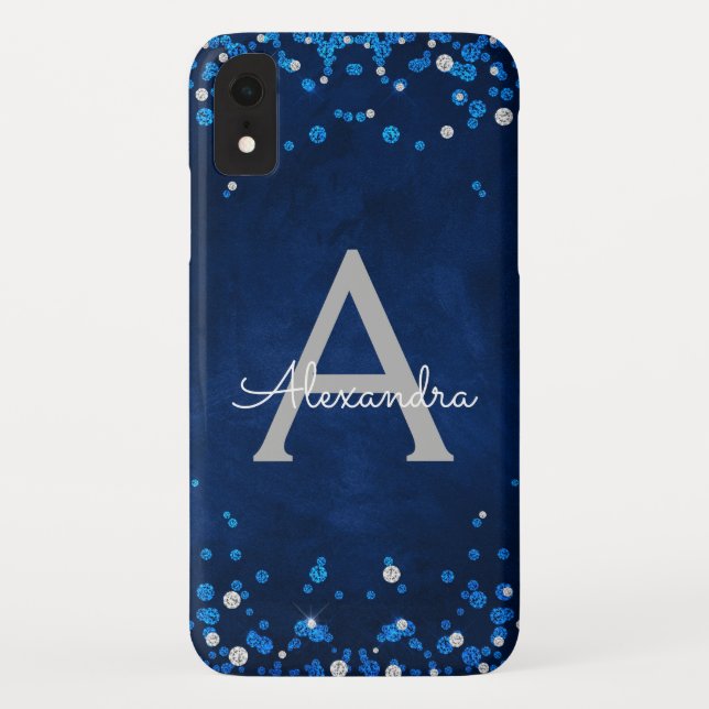 Modern Blue Silver Glitter Confetti Monogram Case-Mate iPhone Case (Back)
