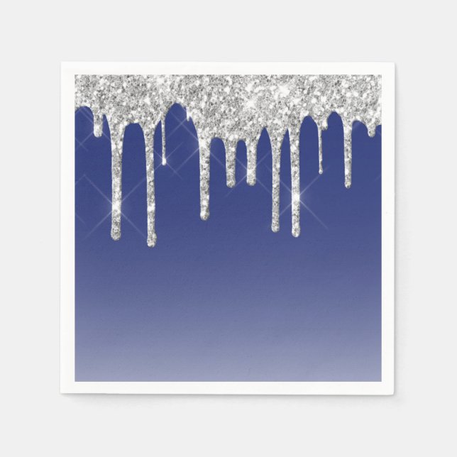 Modern Blue Silver Glitter Drips Napkin (Front)