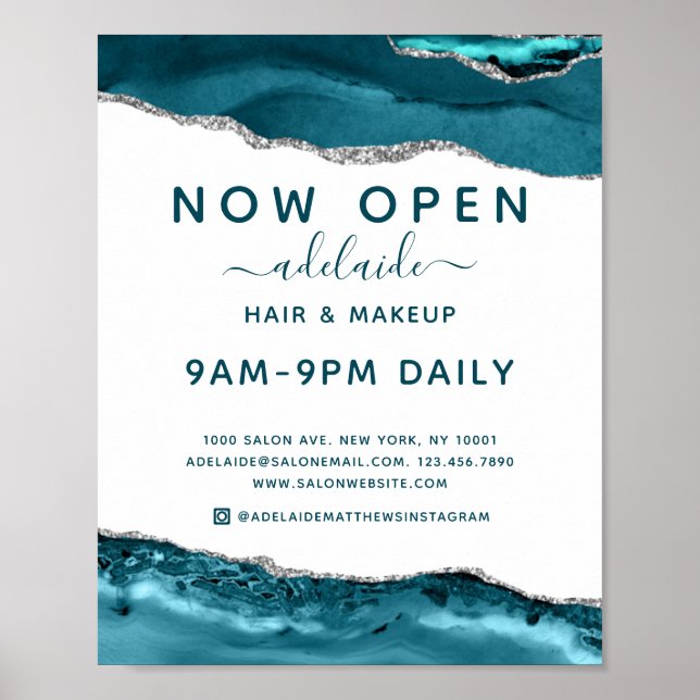 Modern Blue Silver Glitter Hair Salon Open Sign (Front)