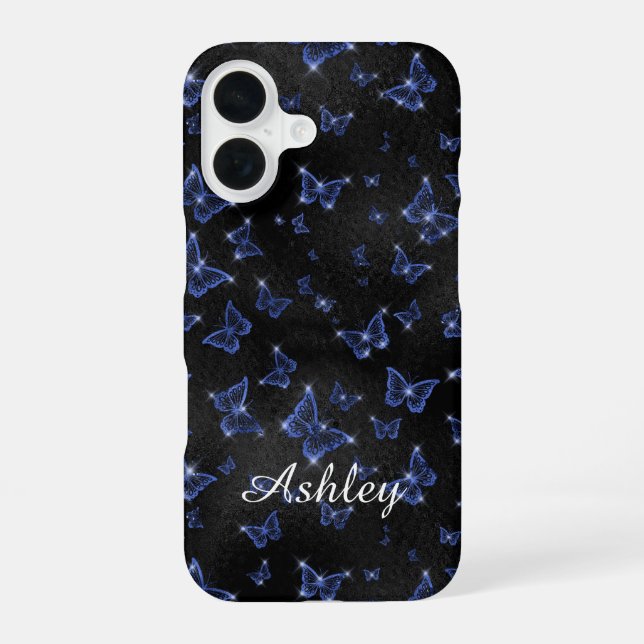 Modern Blue Silver  Script Name Butterflies iPhone 16 Case (Back)