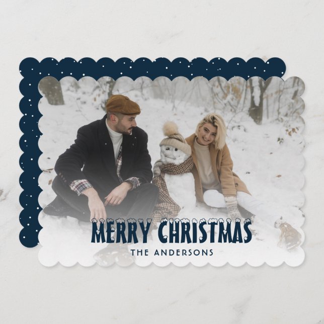 Modern Blue Snow Photo Merry Christmas Card (Front/Back)