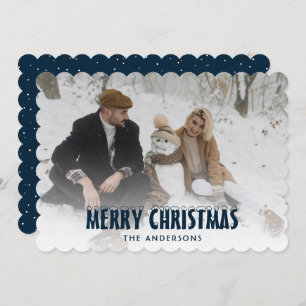 Modern Blue Snow Photo Merry Christmas Card