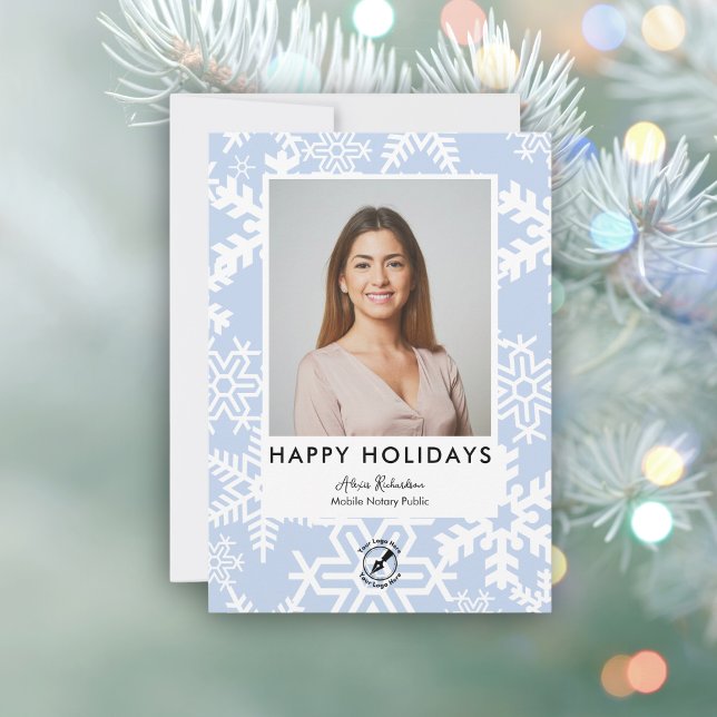Modern Blue Snowflake Notary Happy Holidays Photo  Holiday Card (Creator Uploaded)
