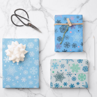 Modern Blue Snowflake Pattern Set of 3 Wrapping Paper Sheet