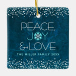 Modern Blue Snowflake Peace Joy Love Custom Name Ceramic Ornament<br><div class="desc">“Peace, joy & love.” This ornament, with a fun, playful, snowflake illustration and modern typography on a rich, deep teal blue marble watercolor background helps you usher in the holiday season. White confetti dots frame complete the look. On the back is a giant turquoise and white snowflake. Feel the warmth...</div>