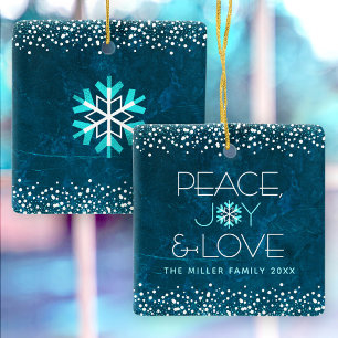 Modern Blue Snowflake Peace Joy Love Custom Name Ceramic Ornament