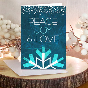 Modern Blue Snowflake Peace Joy Love Typography Holiday Card