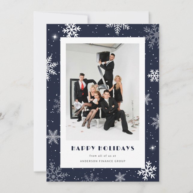 Modern Blue Snowflake Photo Corporate Business Holiday Card (Front)