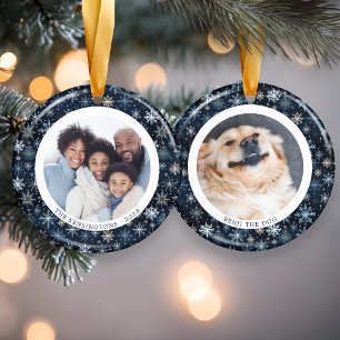 Modern Blue Snowflakes Family Christmas 2 Photos Ceramic Tree Decoration