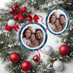 Modern Blue Snowflakes Family Christmas Photo Ceramic Tree Decoration