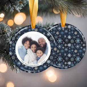Modern Blue Snowflakes Family Christmas Photo Ceramic Tree Decoration