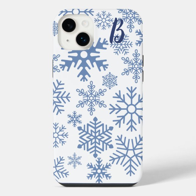 Modern Blue Snowflakes Monogram iPhone Case (Back)